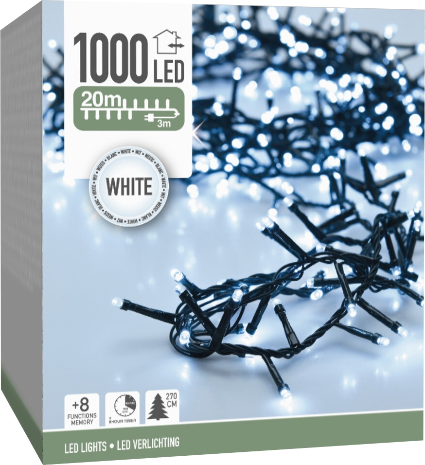 LED-Clusterlichterkette kaltweiß, 1000 LEDs, grünes Kabel, Innen/Außen, 20m