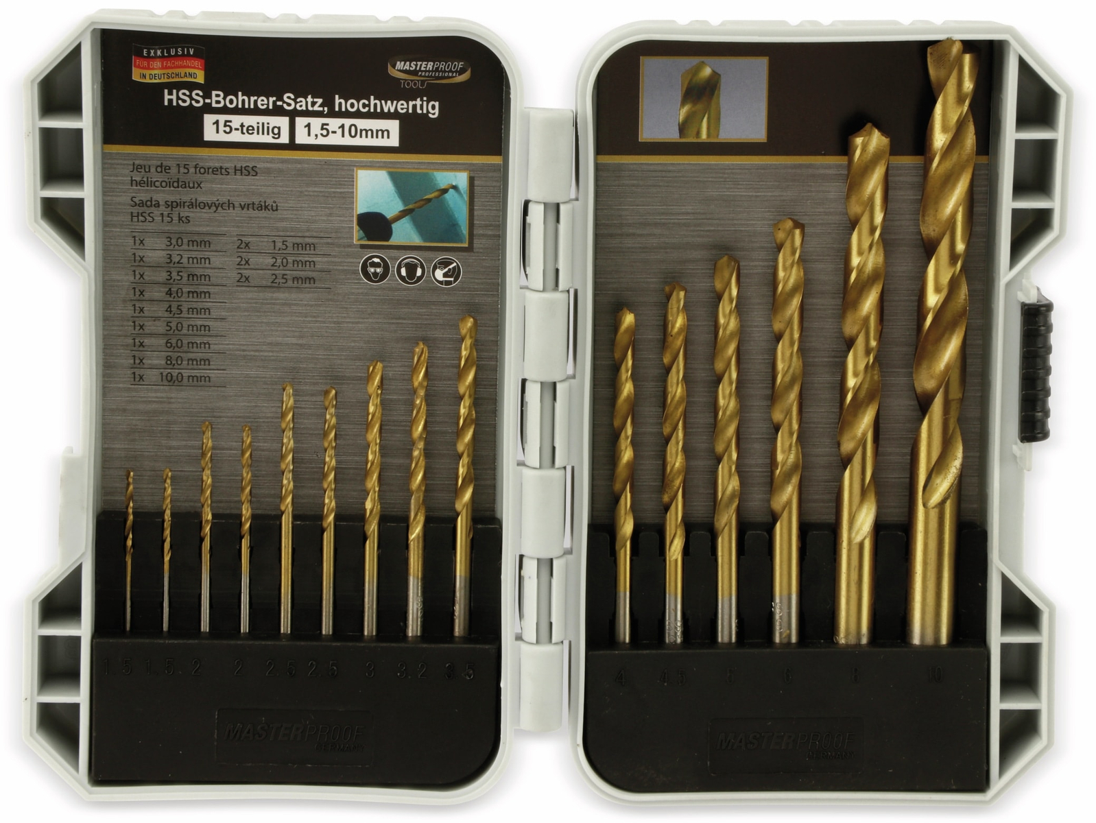 Hss Bohrer-Satz 15 teilig 15…10 mm in Kunststoffbox - Masterproof